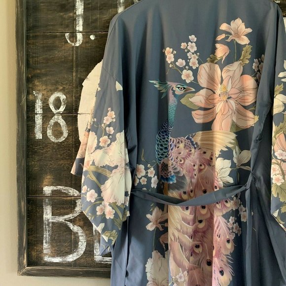 New Boho Floral Kimono Blue Maxi Duster Cardigan - Picture 4 of 8